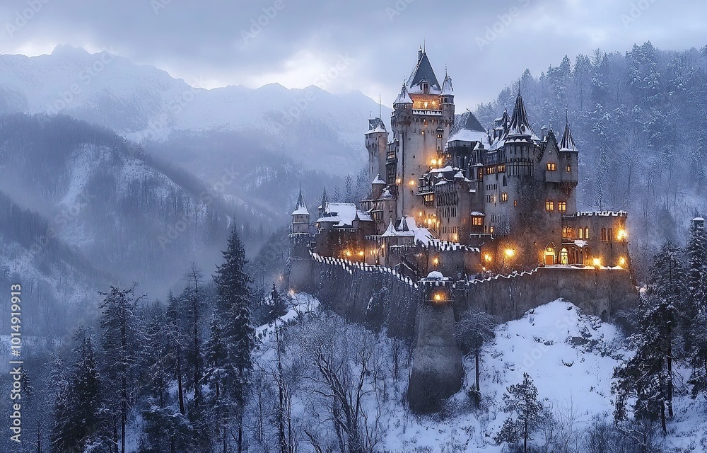 A realistic photo of Dracula's castle in winter, with lights shining from inside