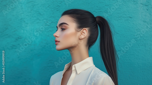 Trendy High Ponytail Hairstyle for Women Representing Sophisticated Modern Fashion and Beauty photo