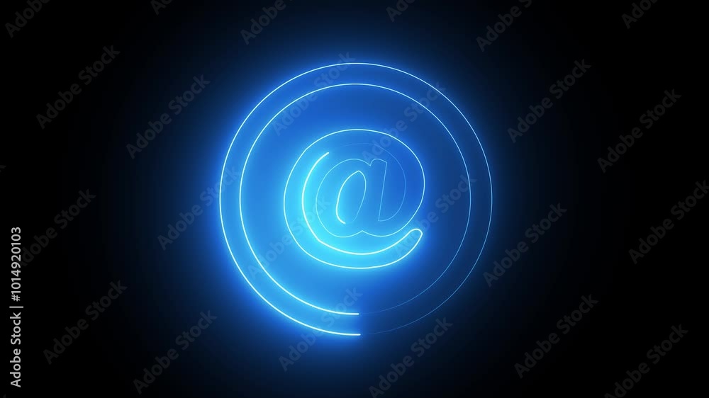 At-sign internet technology symbol with waves in black background.E-mail at neon symbol blue color . At-sign internet technology symbol with waves in black background.E-mail at neon symbol blue color .