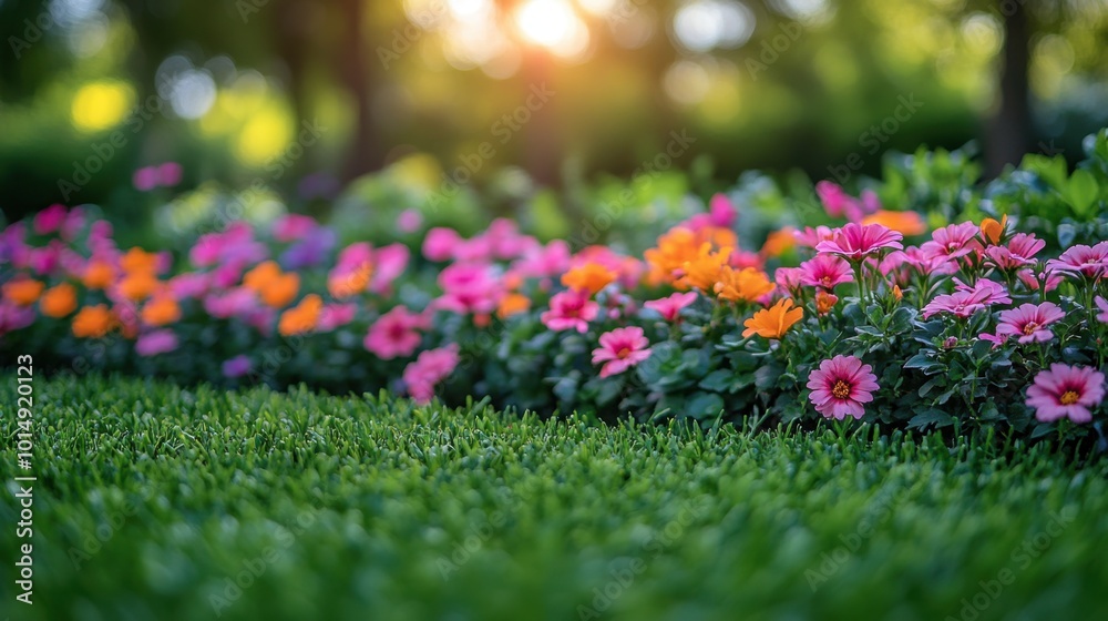 Vibrant flowers in a garden at dusk, viewed from a distance, highlighting the beauty of the colors and tranquility Vibrant flowers in a garden at dusk, viewed from a distance, highlighting the beauty of the colors and tranquility