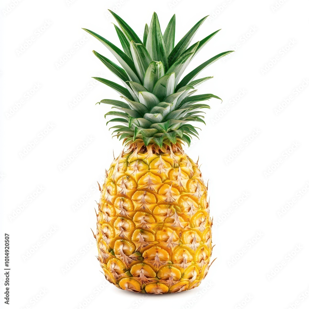 Fototapeta premium A whole pineapple with spiky green leaves, detailed texture and color, isolated on white background