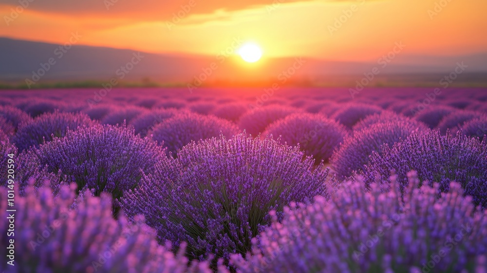 Tranquil view of a lavender field at sunset, shot from a distance, showcasing the beauty and fragrance of the flowers Tranquil view of a lavender field at sunset, shot from a distance, showcasing the beauty and fragrance of the flowers