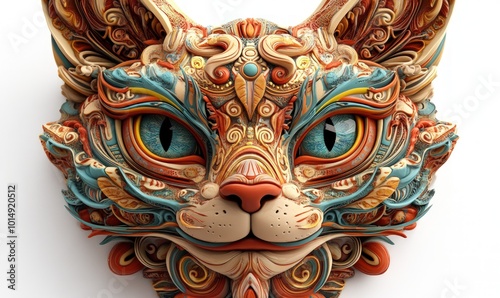 Intricate, colorful, and stylized cat face with swirling patterns, blue eyes, and a white background.