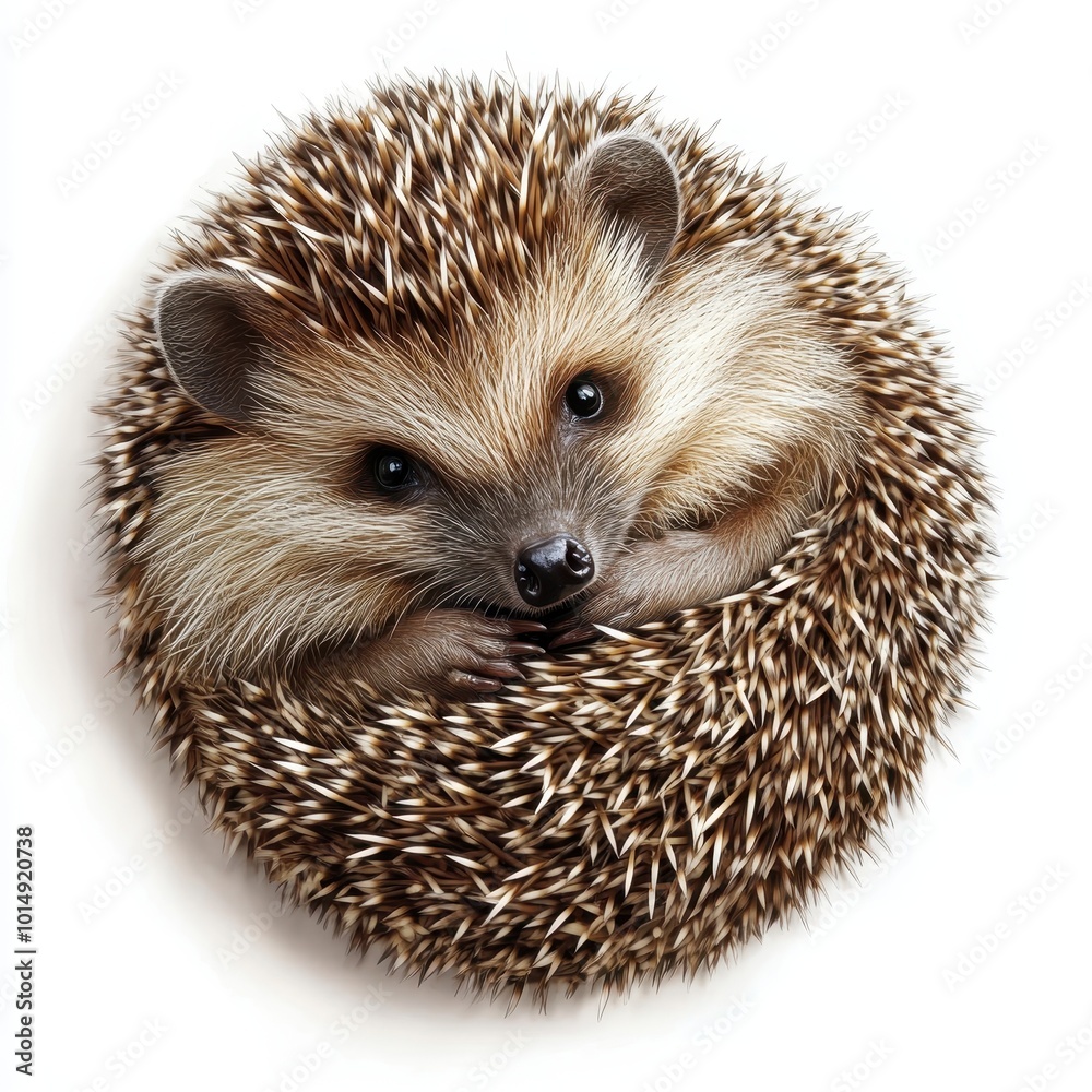 Obraz premium A chubby hedgehog curled up in a ball, detailed spines and fur, isolated on white background