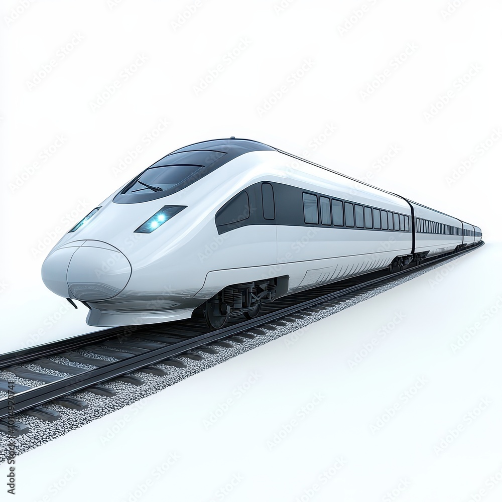 A bullet train speeding on tracks, detailed windows and aerodynamic body, isolated on white background A bullet train speeding on tracks, detailed windows and aerodynamic body, isolated on white background