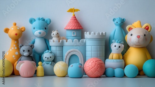 Colorful toy figures and castle create a playful scene.