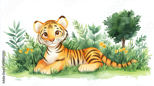 Playful Watercolor Cartoon Tiger Sitting on Green Grass Under Trees in a Whimsical Design with a Clean White Background