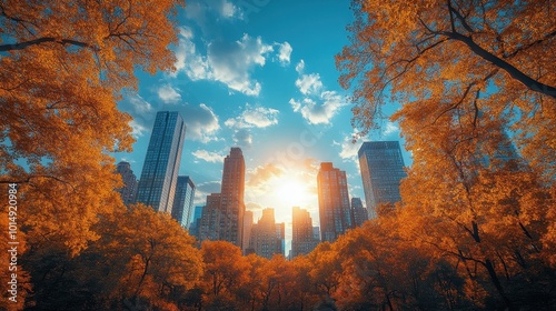 Urban skyline reflected in a glass building, shot from a low angle, emphasizing the modern architecture and vibrant city life  photo