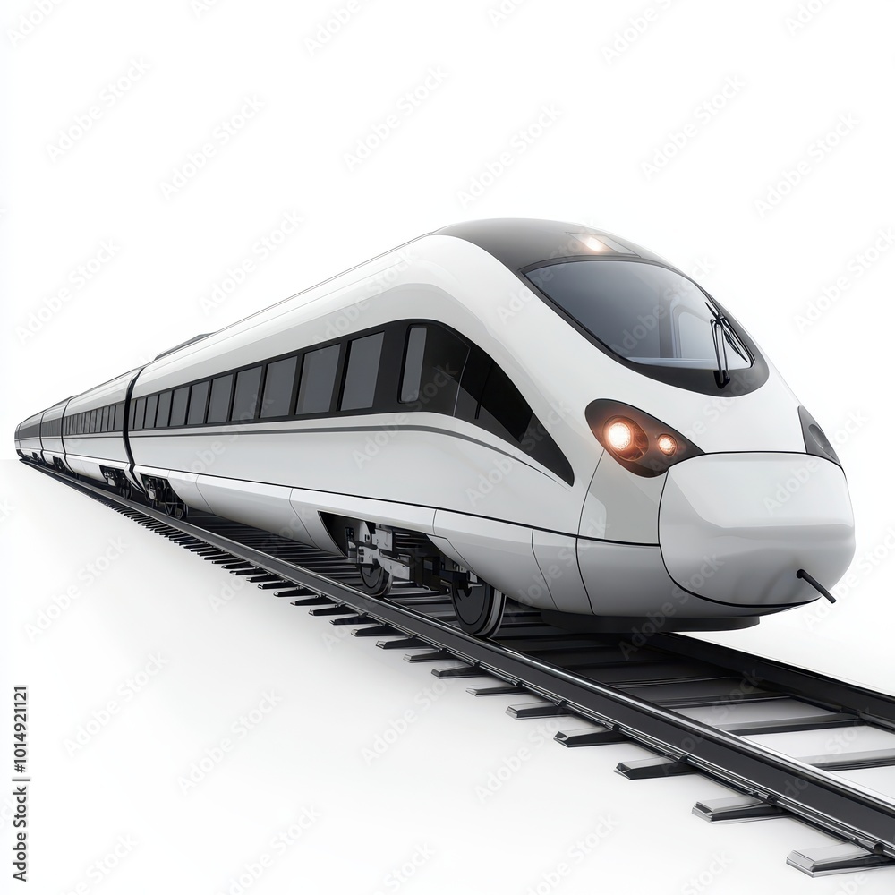 A bullet train speeding on tracks, detailed windows and aerodynamic body, isolated on white background A bullet train speeding on tracks, detailed windows and aerodynamic body, isolated on white background