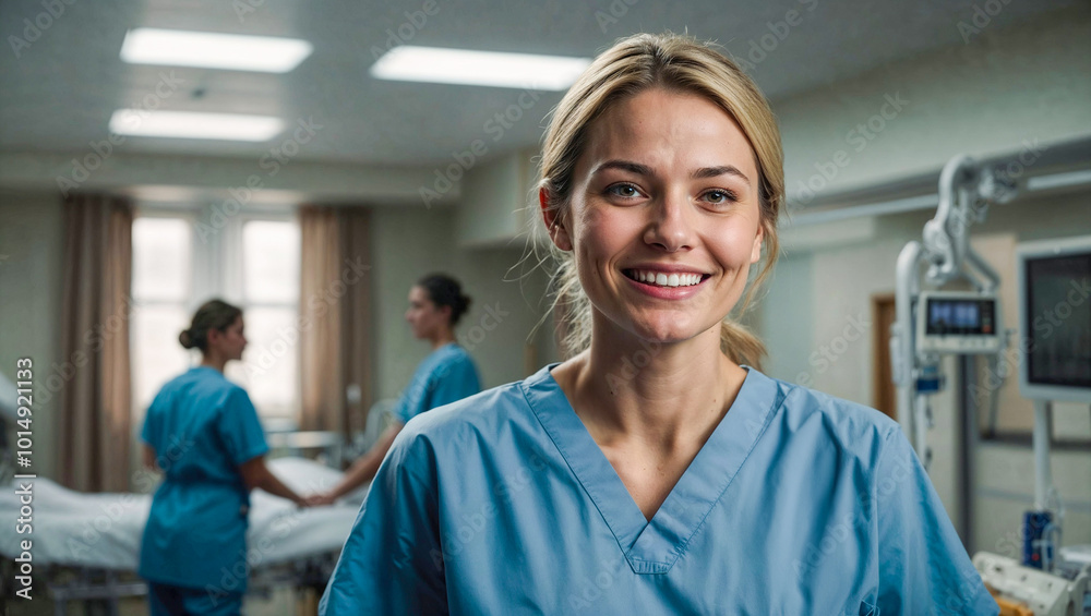 Female healthcare worker in scrubs in hospital setting. Female healthcare worker in scrubs in hospital setting.