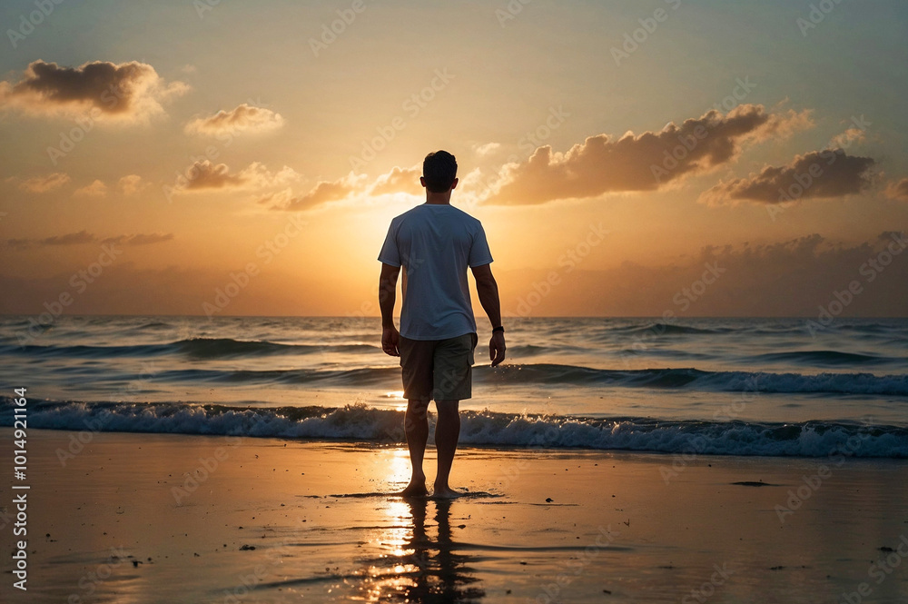 Healthy man standing on shoreline of beach looking at sunset over the sea. Healthy man standing on shoreline of beach looking at sunset over the sea.
