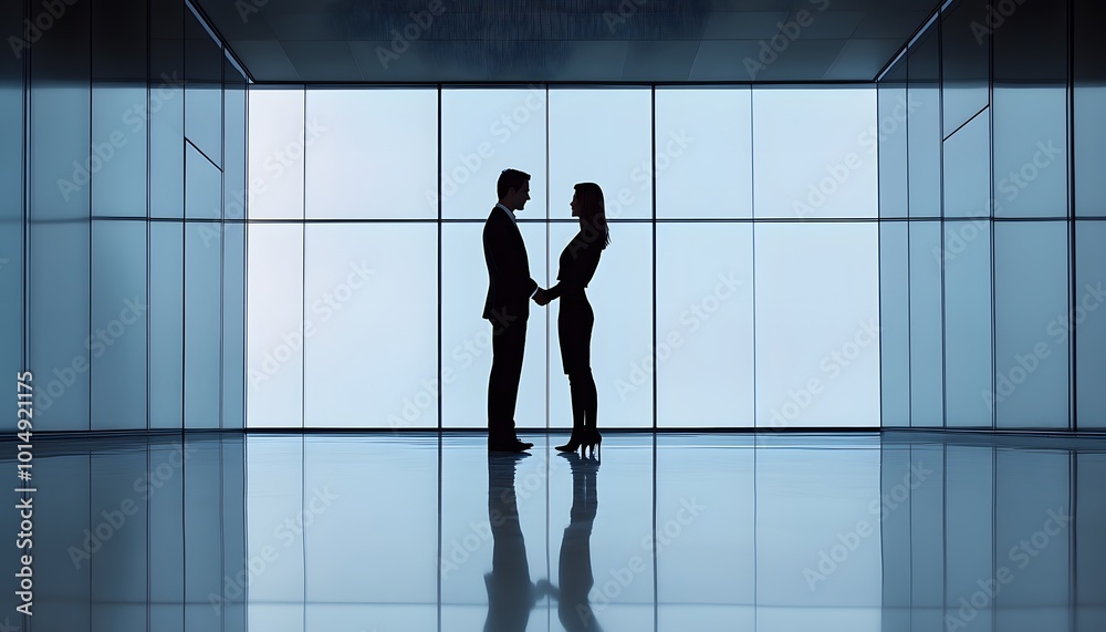 Silhouettes of a Man and Woman Facing Each Other in a Modern Office Building Silhouettes of a Man and Woman Facing Each Other in a Modern Office Building