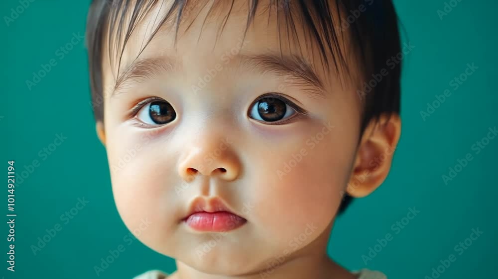 Cute Toddler With Big Eyes Poses Against a Teal Background Generative AI Cute Toddler With Big Eyes Poses Against a Teal Background Generative AI
