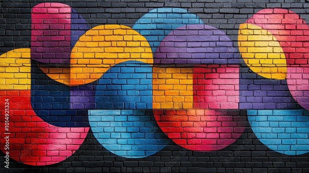 Obraz premium Urban street art mural on a brick wall, captured from a close-up perspective, emphasizing the vibrant colors and intricate details of the artwork, creating a lively and dynamic urban environment 