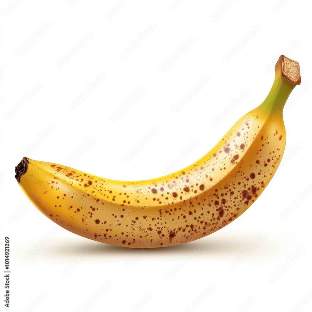 A ripe banana with realistic texture and slight brown spots, isolated on white background A ripe banana with realistic texture and slight brown spots, isolated on white background