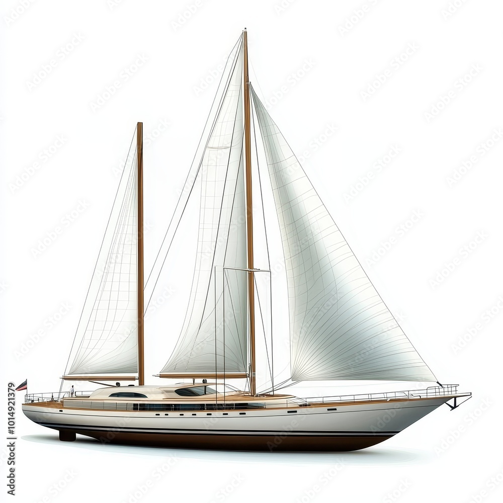Fototapeta premium A luxury yacht with detailed deck and sails, photorealistic rendering, isolated on white background