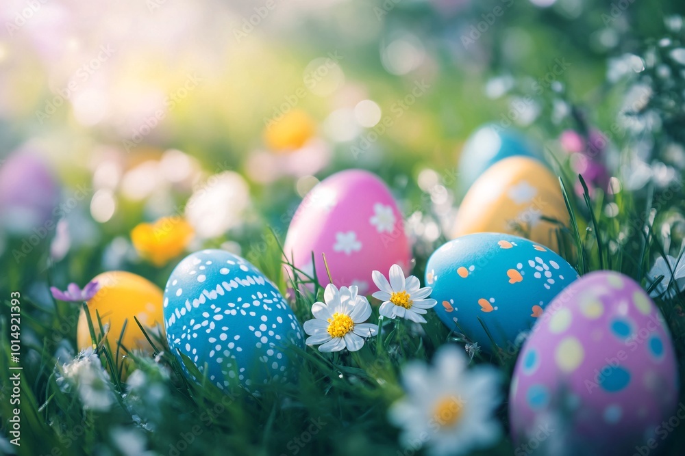 A bunch of Easter eggs are scattered in a field of grass A bunch of Easter eggs are scattered in a field of grass
