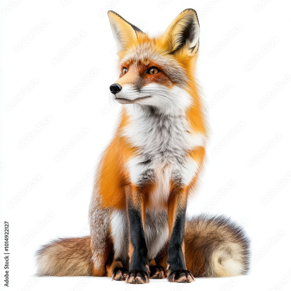 Obraz premium A curious fox with a bushy tail, autumn colors, realistic fur, isolated on white background
