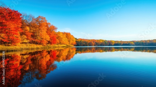 Tranquil lake surrounded by autumn foliage, with vibrant reds, oranges, and yellows reflected in the still water, clear blue sky