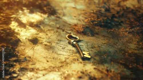 Close-up of a mysterious key lying on an ancient, dusty map, its purpose unknown and filled with secrets