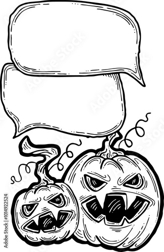 Happy Halloween pumpkin monster with speech bubble. Decorative template for night party invitation, poster print, quotes background. Hand drawn illustration, comic style, cartoon character.
