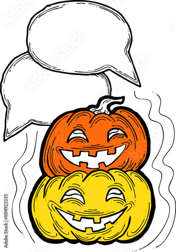 Happy Halloween pumpkin monster with speech bubble. Decorative template for night party invitation, poster print, quotes background. Hand drawn illustration, comic style, cartoon character.