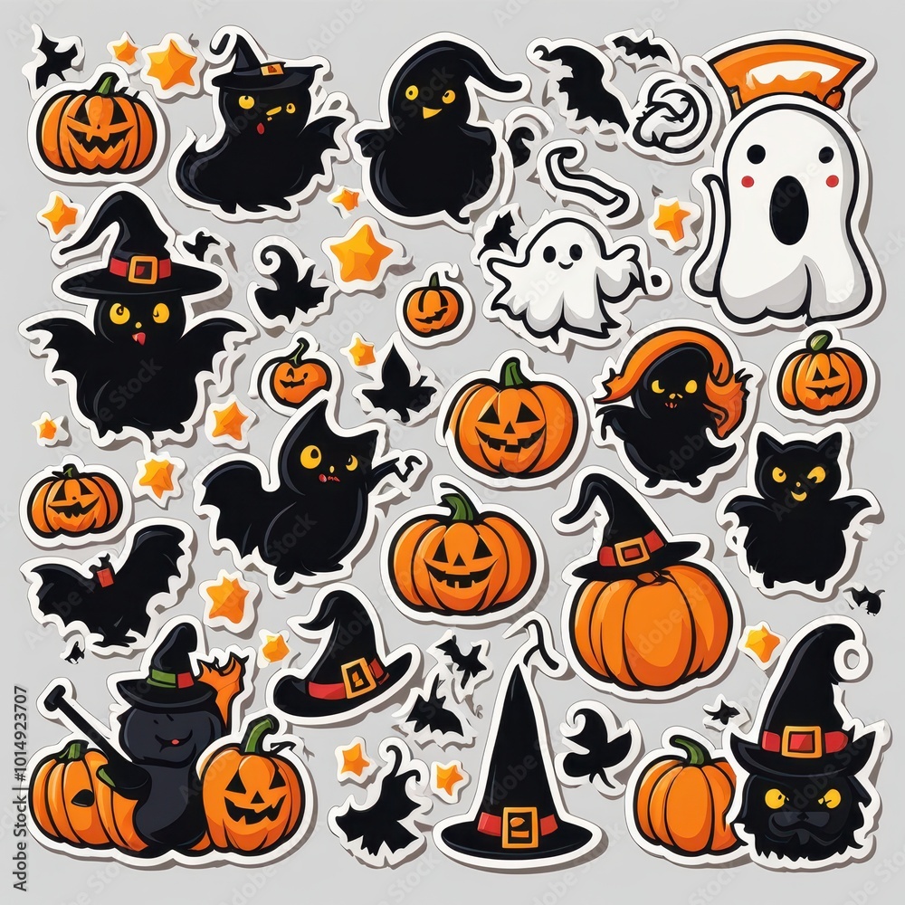 Fototapeta premium A collection of Halloween-themed stickers featuring cats, pumpkins, ghosts, and witches.