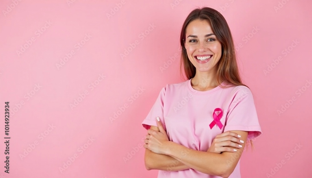 Woman smiling wearing pink shirt with pink ribbon pinned on for breast cancer awareness posing with crossed arms on pink background, copy space Woman smiling wearing pink shirt with pink ribbon pinned on for breast cancer awareness posing with crossed arms on pink background, copy space