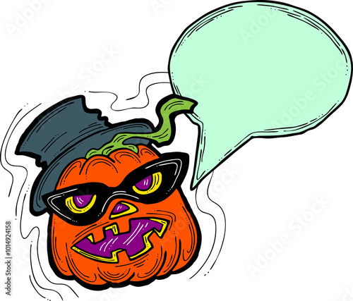 Happy Halloween pumpkin monster with speech bubble. Decorative template for night party invitation, poster print, quotes background. Hand drawn illustration, comic style, cartoon character.