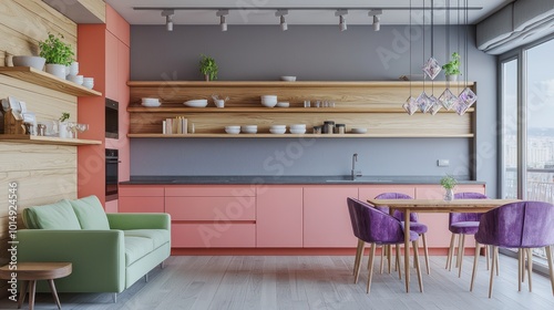 Modern minimalist apartment with coral kitchen cabinets, wooden shelves, flint grey walls, diamond pendant lights, sage green sofa, and amethyst dining chairs