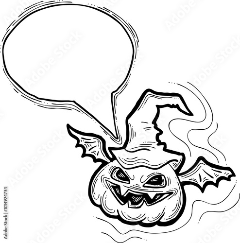 Happy Halloween pumpkin monster with speech bubble. Decorative template for night party invitation, poster print, quotes background. Hand drawn illustration, comic style, cartoon character.