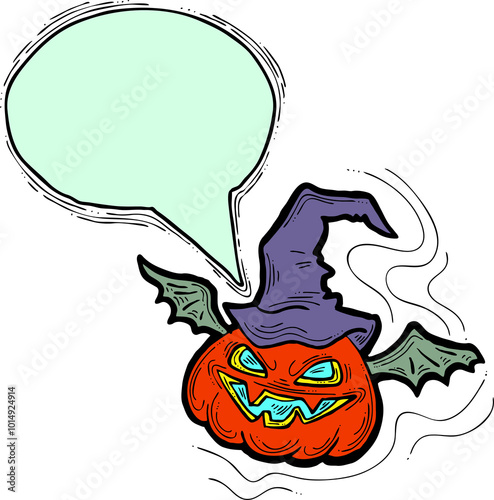 Happy Halloween pumpkin monster with speech bubble. Decorative template for night party invitation, poster print, quotes background. Hand drawn illustration, comic style, cartoon character.