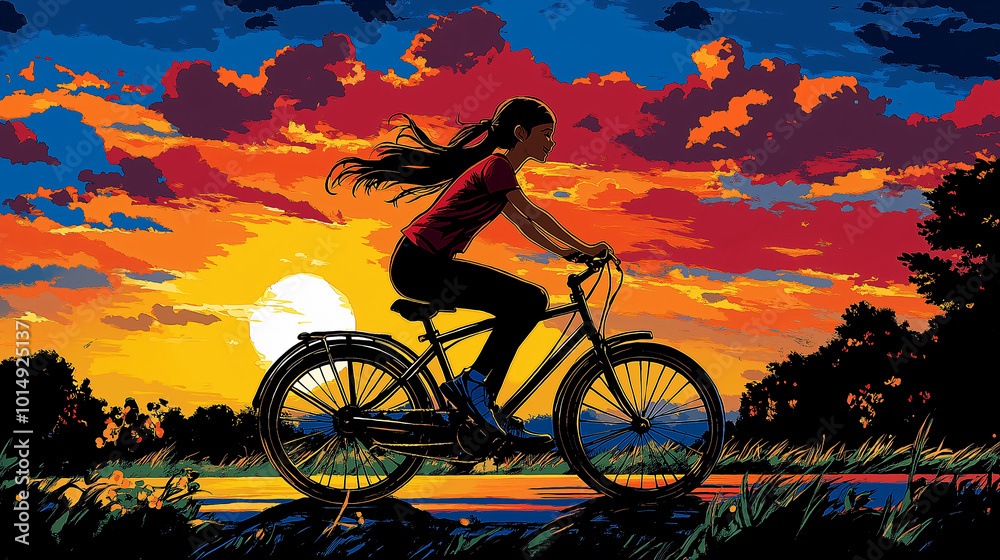 Fototapeta premium girl riding a bicycle in beautiful sunset, anime style