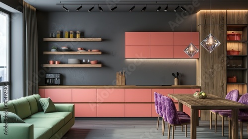 Modern minimalist apartment with coral kitchen cabinets, wooden shelves, flint grey walls, diamond pendant lights, sage green sofa, and amethyst dining chairs