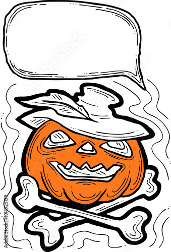 Happy Halloween pumpkin monster with speech bubble. Decorative template for night party invitation, poster print, quotes background. Hand drawn illustration, comic style, cartoon character.