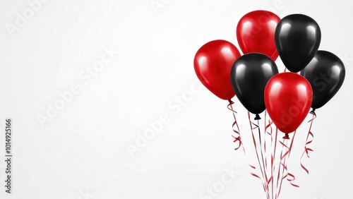 A collection of black and red balloons with ribbons against a plain background.