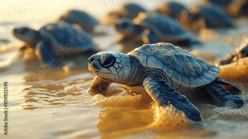 A group of baby sea turtles are making their way to the ocean at sunrise.