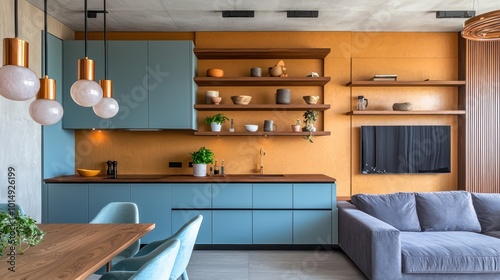 Modern minimalist apartment with periwinkle kitchen cabinets, wooden shelves, ochre walls, quartz pendant lights, slate gray sofa, and seafoam dining chairs