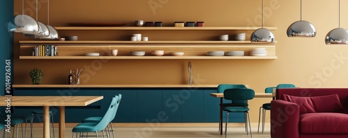 Modern minimalist apartment with sapphire kitchen cabinets, wooden shelves, camel walls, silver pendant lights, crimson sofa, and teal dining chairs