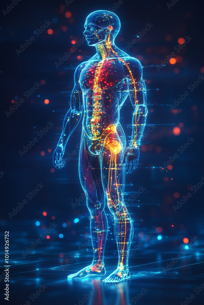 A detailed holographic model of the human body stands against a dark background, highlighting anatomical structures with vibrant energy lines and points of light. A detailed holographic model of the human body stands against a dark background, highlighting anatomical structures with vibrant energy lines and points of light.
