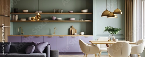 Modern minimalist apartment with lavender kitchen cabinets, wooden shelves, sage green walls, gold pendant lights, charcoal sofa, and ivory dining chairs