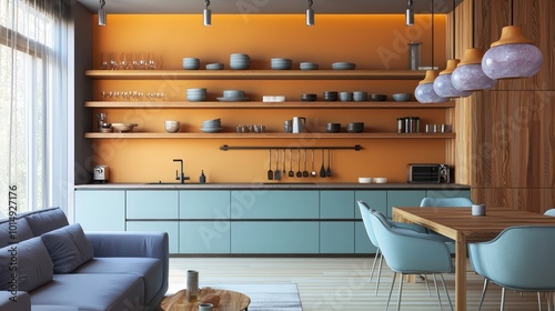 Modern minimalist apartment with periwinkle kitchen cabinets, wooden shelves, ochre walls, quartz pendant lights, slate gray sofa, and seafoam dining chairs