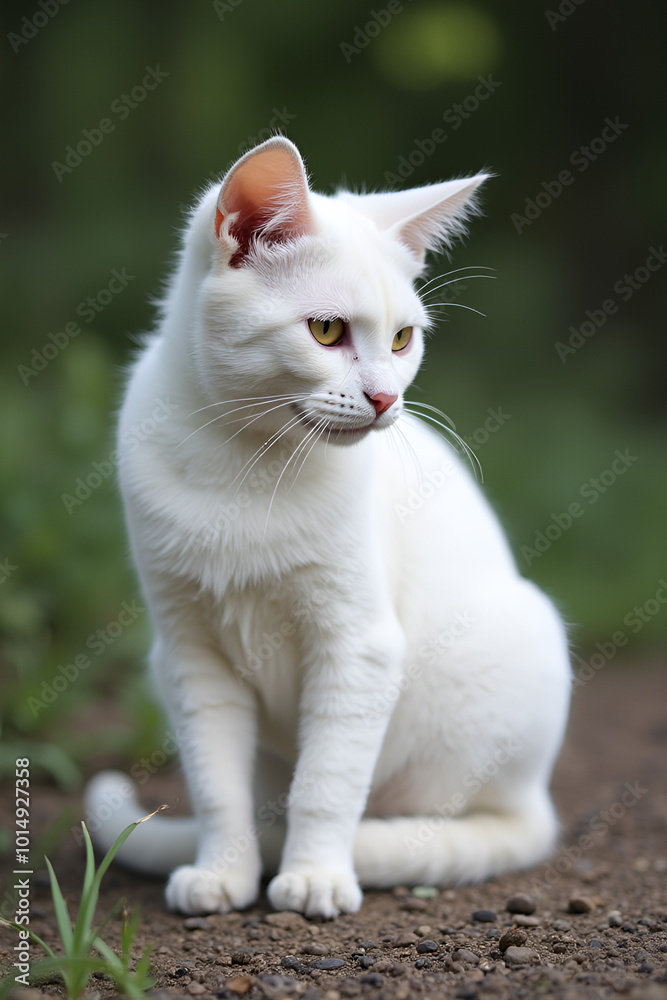 White cat on the grass in forest White cat on the grass in forest