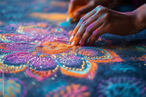 Diwali concept. Indian woman creating intricate rangoli patterns on the floor using colored powders. Celebrating Hindu festival of lamps in Indian religions photo