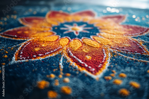 Close-up of colorful Rangoli floral design made with bright powders on floor. Diwali celebrations concept photo