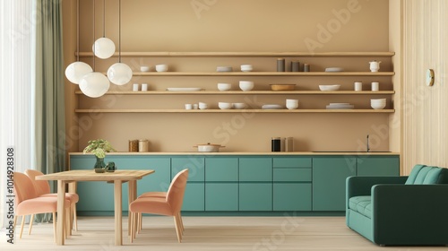 Modern minimalist space with cerulean kitchen cabinets, wooden shelves, tan walls, opal pendant lights, forest green sofa, and coral dining chairs