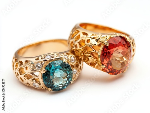Ornate gold rings with large precious gemstones in vibrant colors, [precious metal design], [luxury statement pieces].