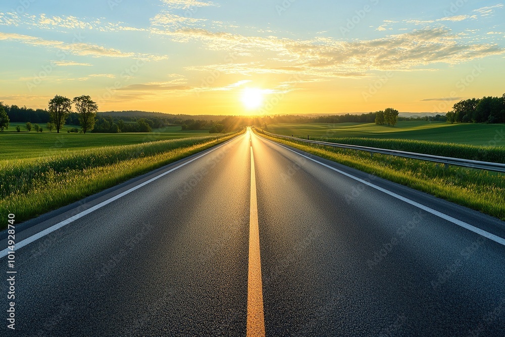A wide road leading into the distance, with white lines on both sides and green fields in front of it A wide road leading into the distance, with white lines on both sides and green fields in front of it
