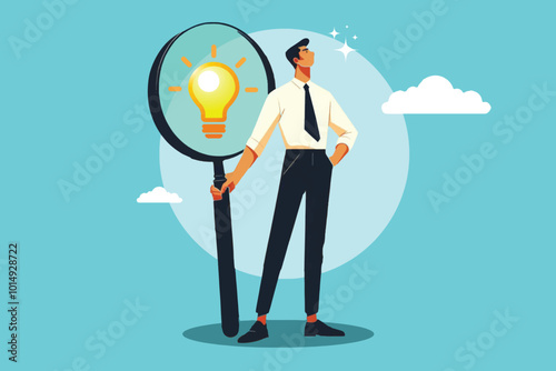 Confident businessman standing with magnifying glass and mastering business idea