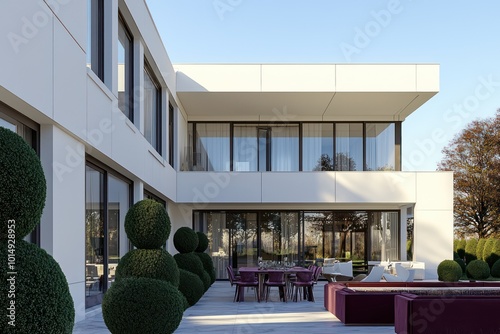 Modern residence featuring a pearl white facade and emerald green topiaries, with large windows and a burgundy outdoor dining area